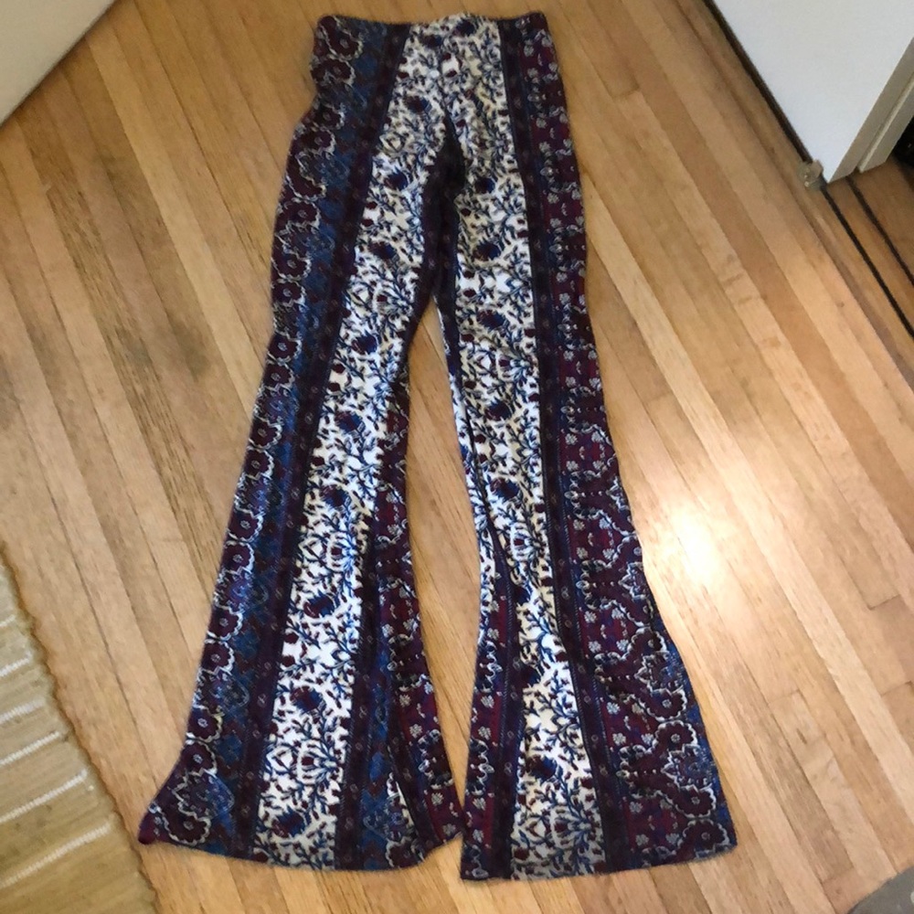 Blue/white/maroon patterned bell bottoms